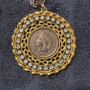Vintage-Inspired Gold Silver Toned Indian Head Penny Coin Necklace Rhinestones